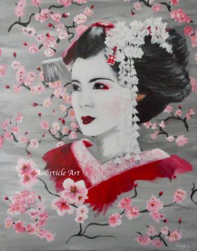 Geisha kunstwerk Grijs rood roze schilderij acryl op doek Geisha